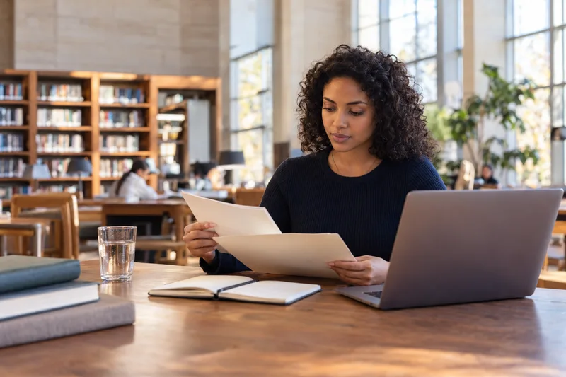 An adult reviewing documents beside a laptop in a bright library.